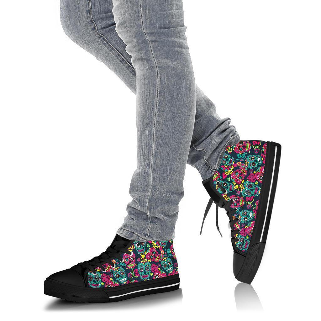 Sugar Skull Girly Skeleton Floral Pattern Print Men Women's High Top Shoes-grizzshop