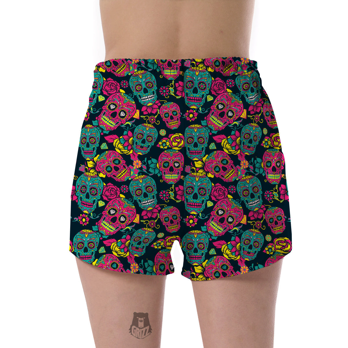 Sugar Skull Girly Skeleton Floral Pattern Print Women's Shorts-grizzshop