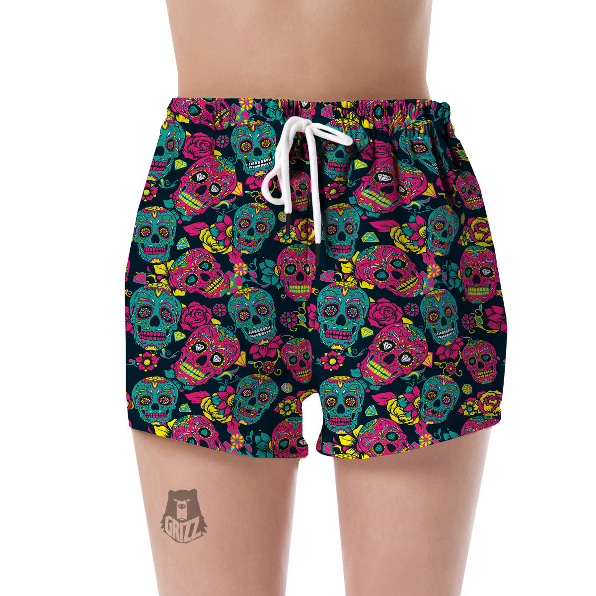 Sugar Skull Girly Skeleton Floral Pattern Print Women's Shorts-grizzshop