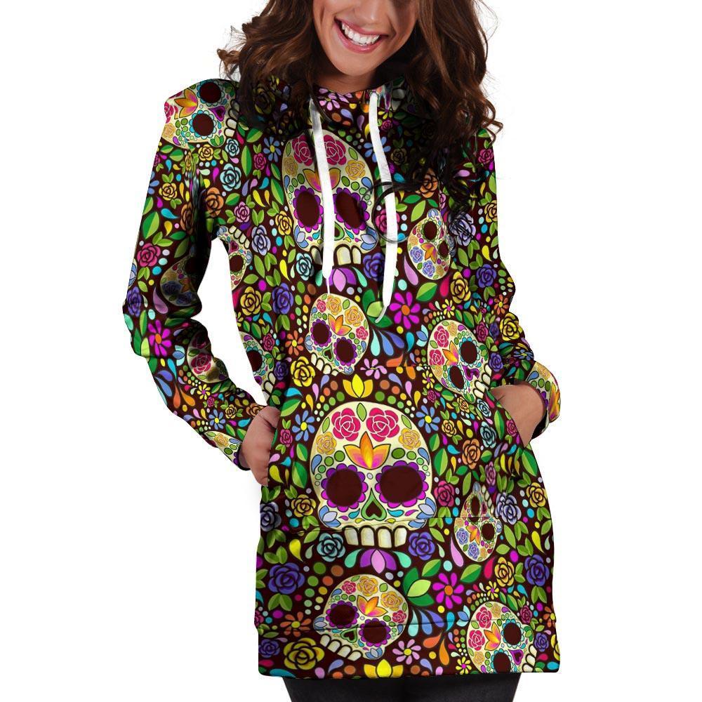 Sugar Skull Mexican Floral Hoodie Dress-grizzshop