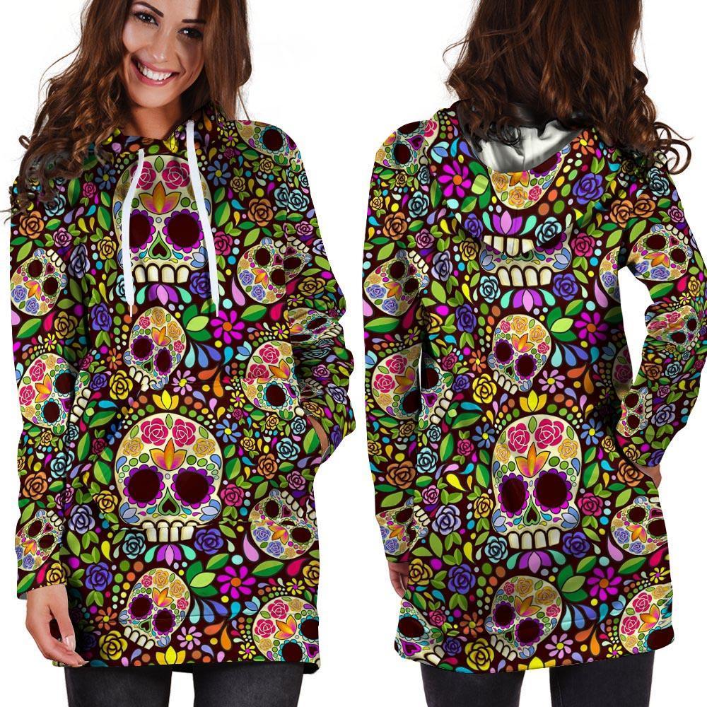 Sugar Skull Mexican Floral Hoodie Dress-grizzshop