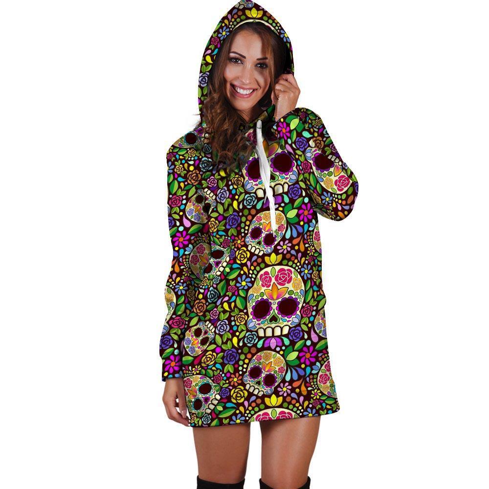 Sugar Skull Mexican Floral Hoodie Dress-grizzshop