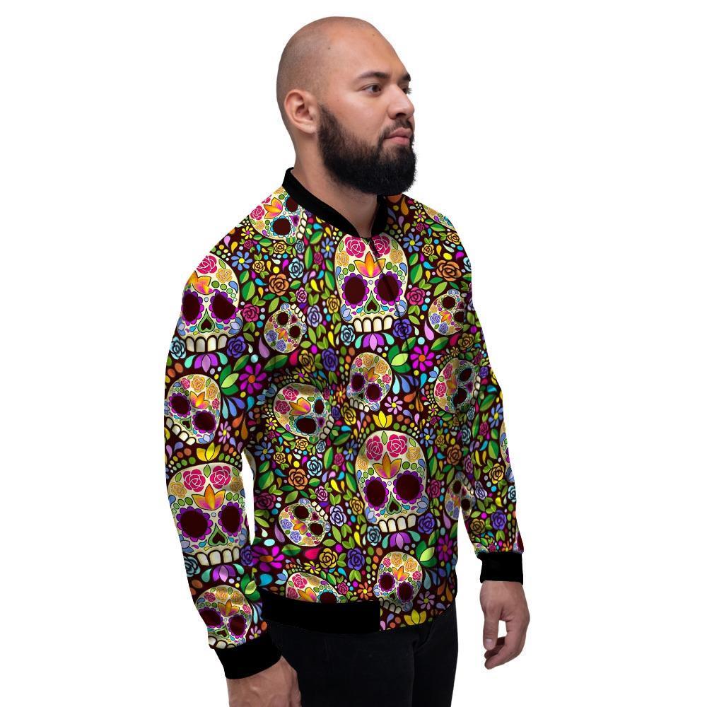 Sugar Skull Mexican Floral Men's Bomber Jacket-grizzshop
