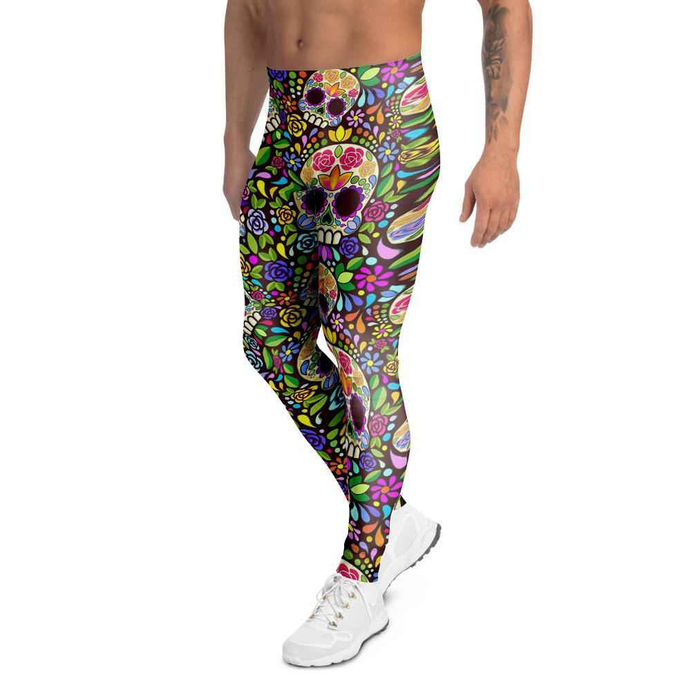 Sugar Skull Mexican Floral Men's Leggings-grizzshop