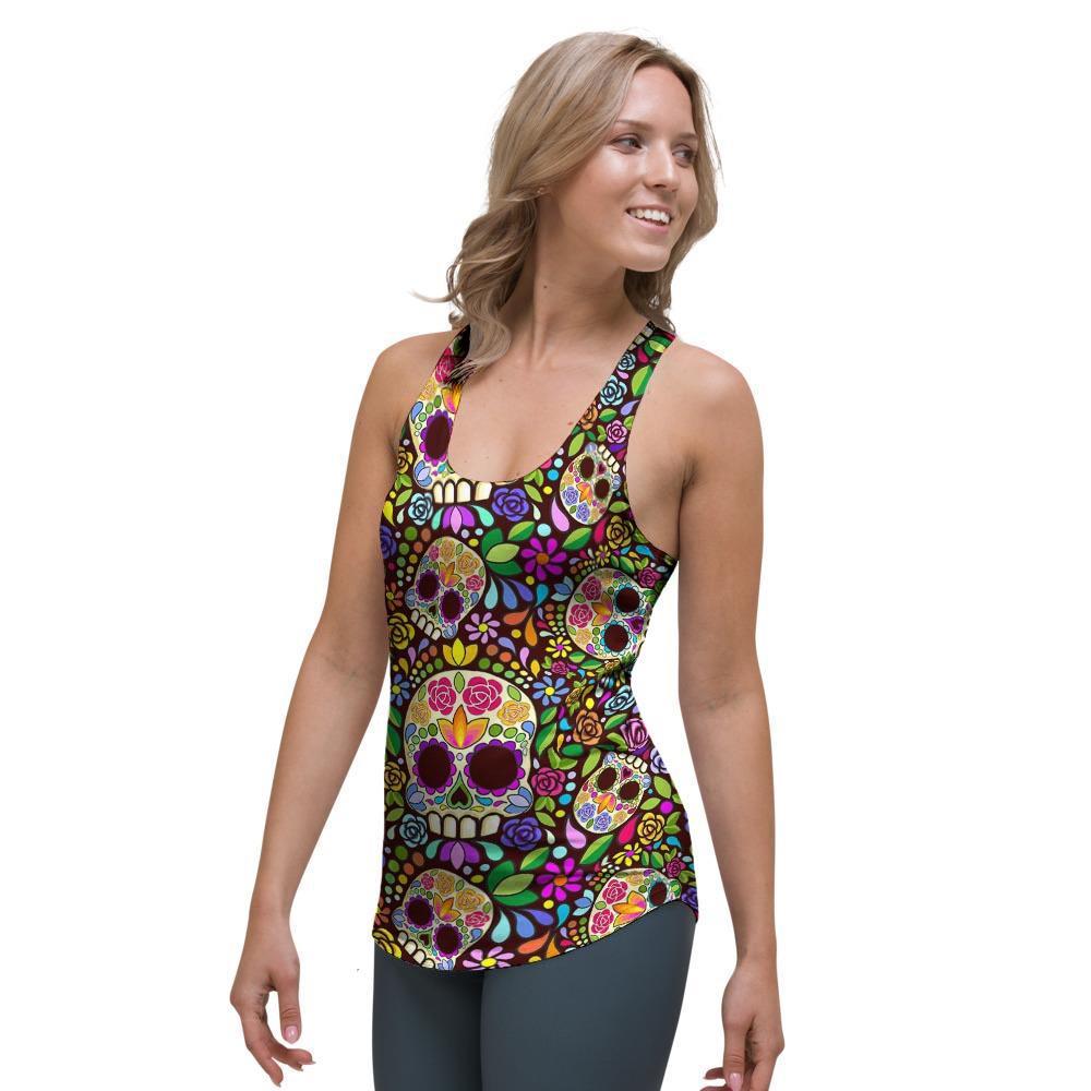 Sugar Skull Mexican Floral Women's Racerback Tank Top-grizzshop