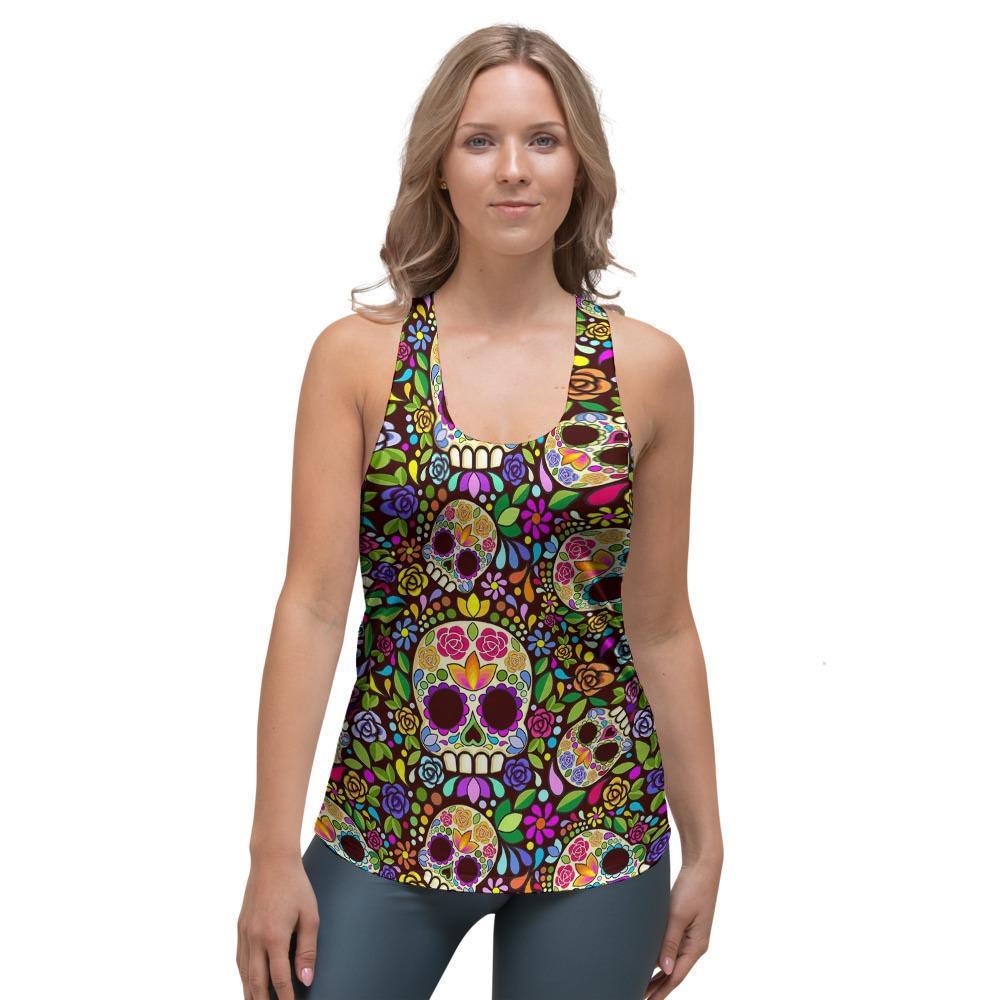 Sugar Skull Mexican Floral Women's Racerback Tank Top-grizzshop