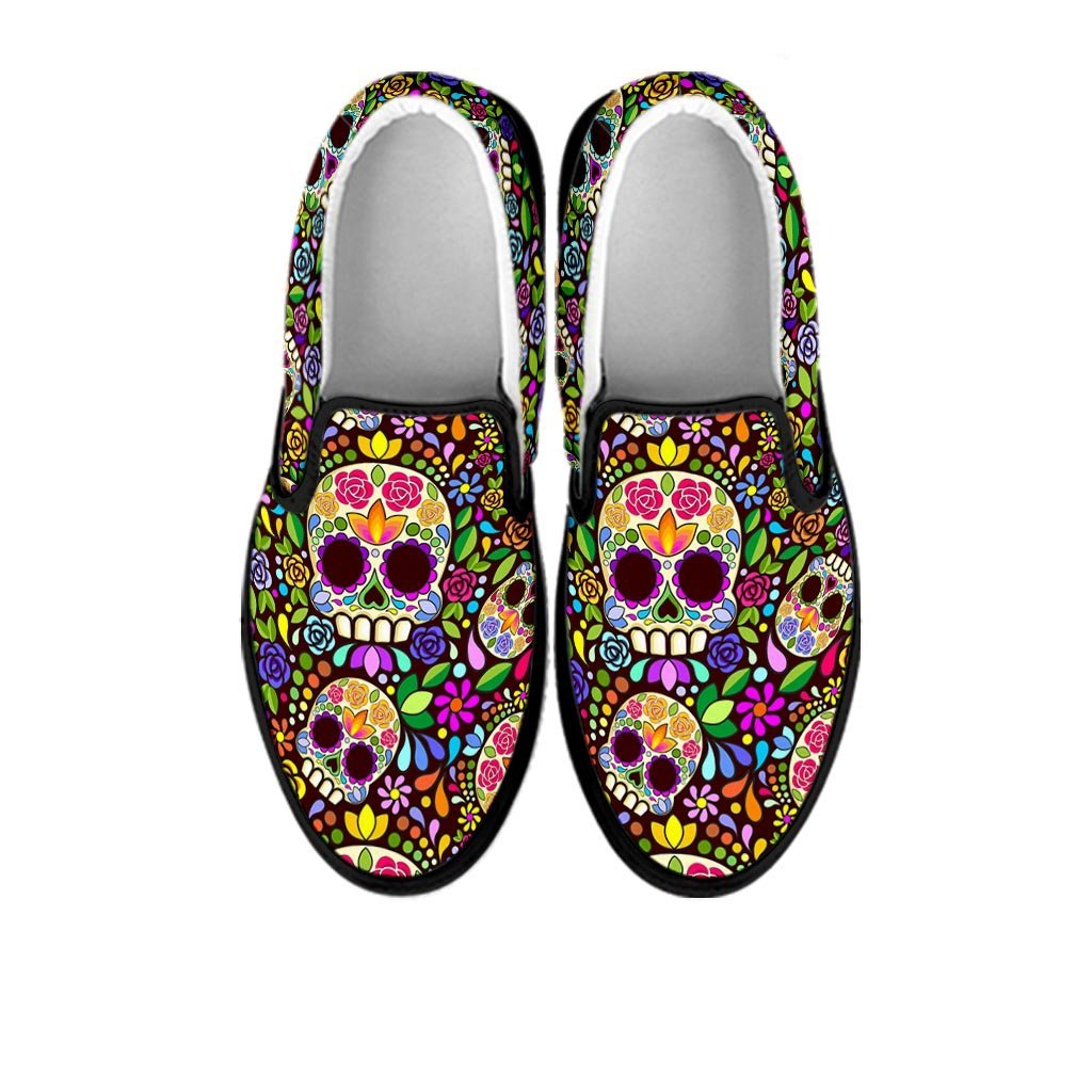 Sugar Skull Mexican Floral Women's Slip On Sneakers-grizzshop