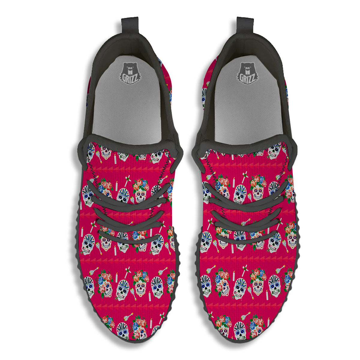 Sugar Skull Pink Print Pattern Black Walking Shoes-grizzshop