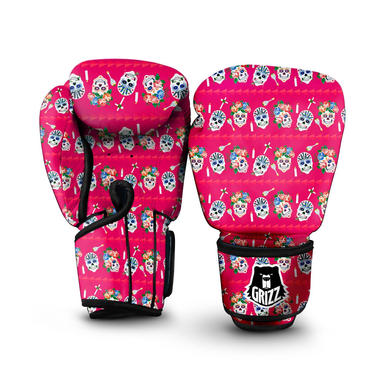 Sugar Skull Pink Print Pattern Boxing Gloves-grizzshop