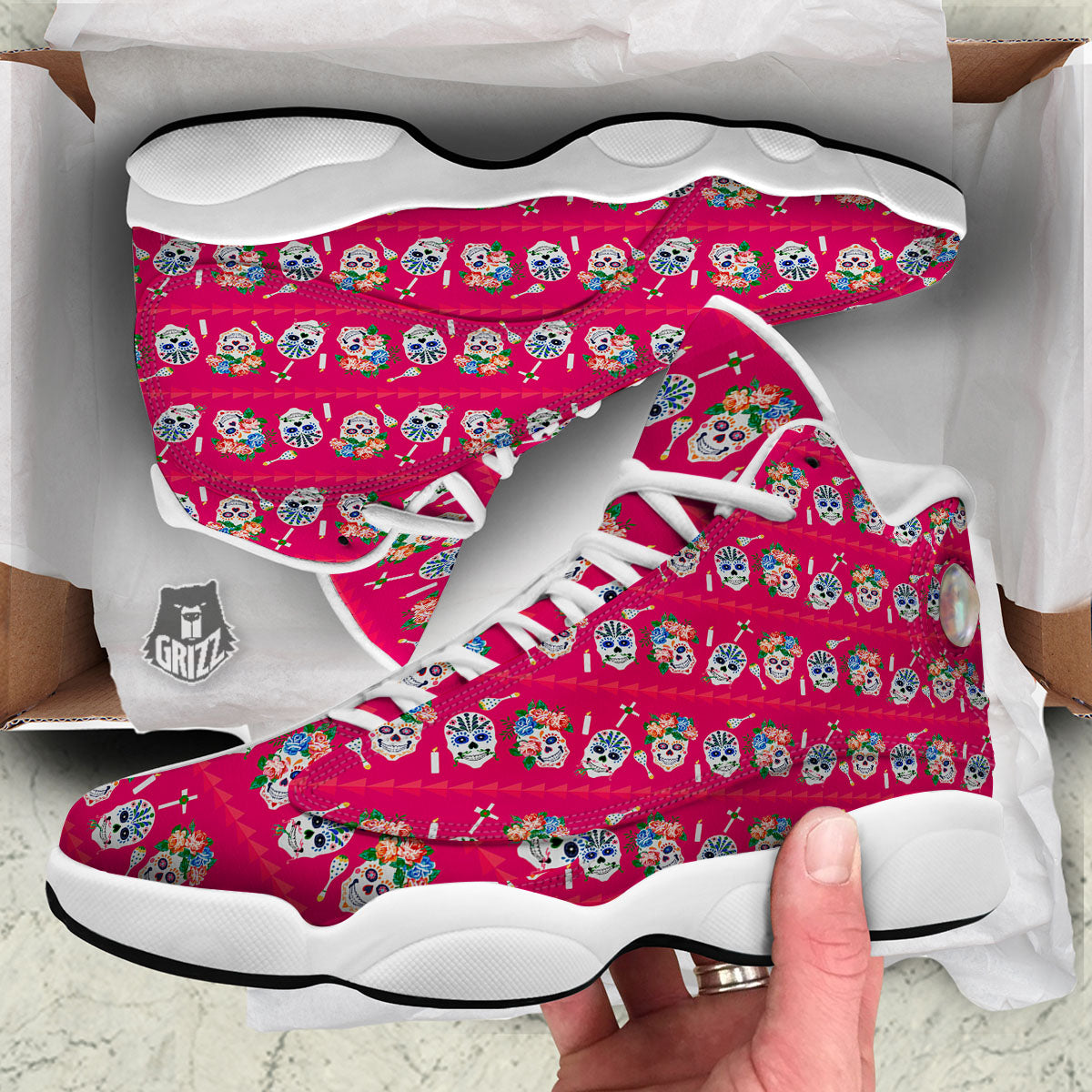 Sugar Skull Pink Print Pattern White Basketball Shoes-grizzshop