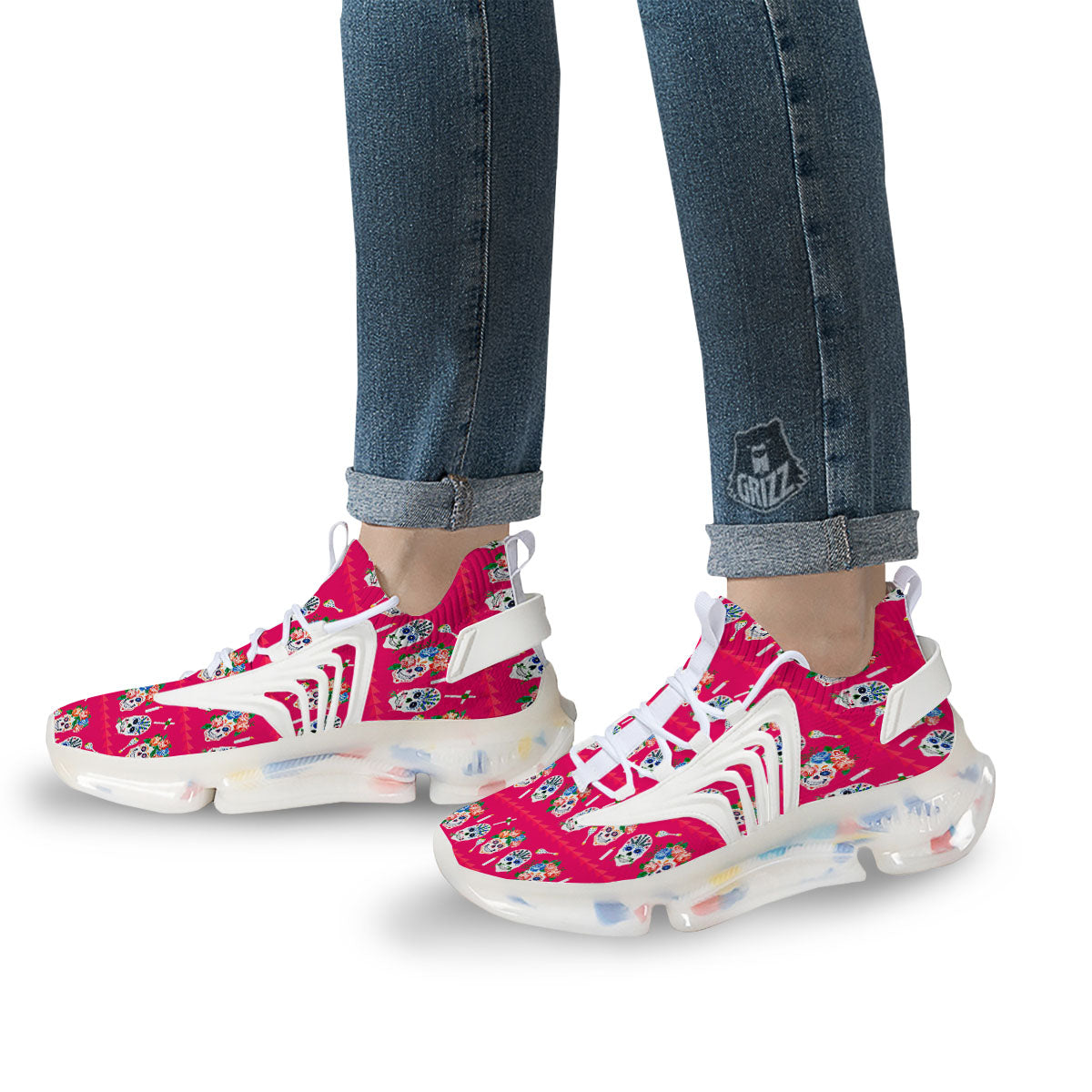 Sugar Skull Pink Print Pattern White Gym Shoes-grizzshop