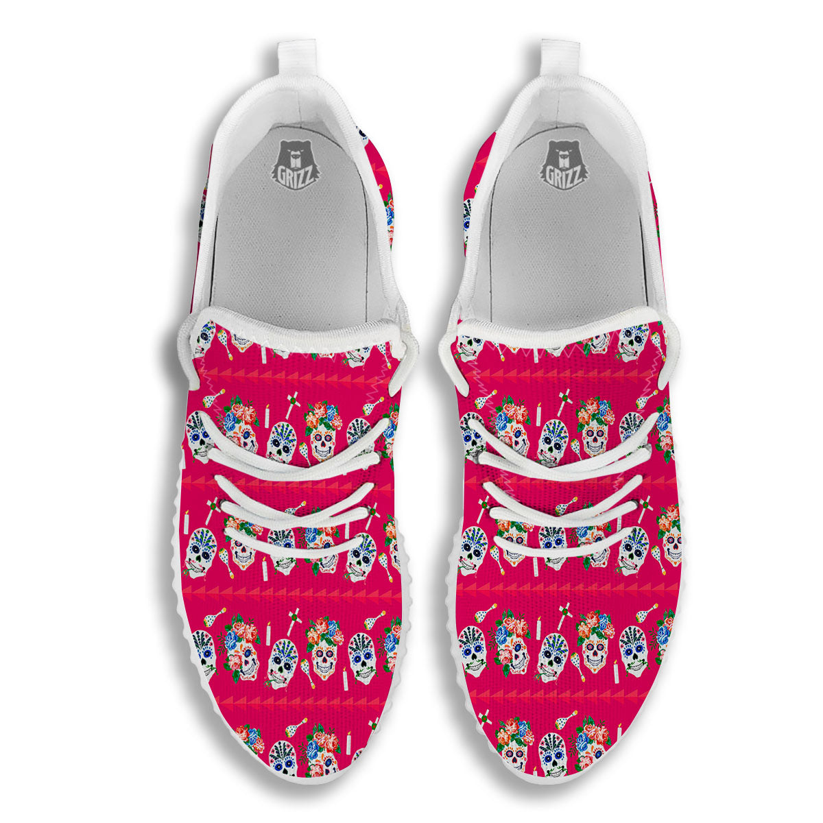 Sugar Skull Pink Print Pattern White Walking Shoes-grizzshop