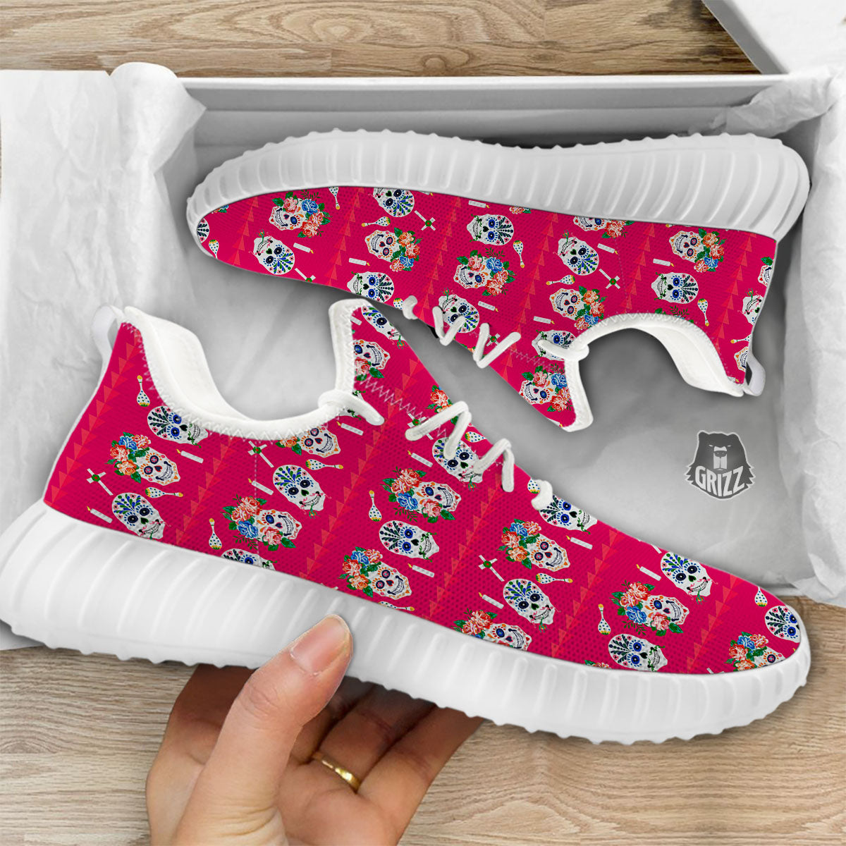 Sugar Skull Pink Print Pattern White Walking Shoes-grizzshop