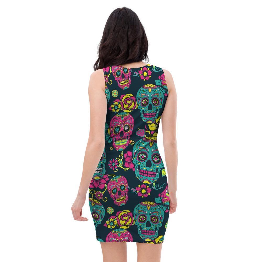 Sugar Skull Print Bodycon Dress-grizzshop