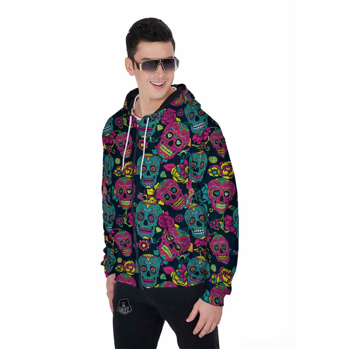 Sugar Skull Print Men's Zip Up Hoodie-grizzshop