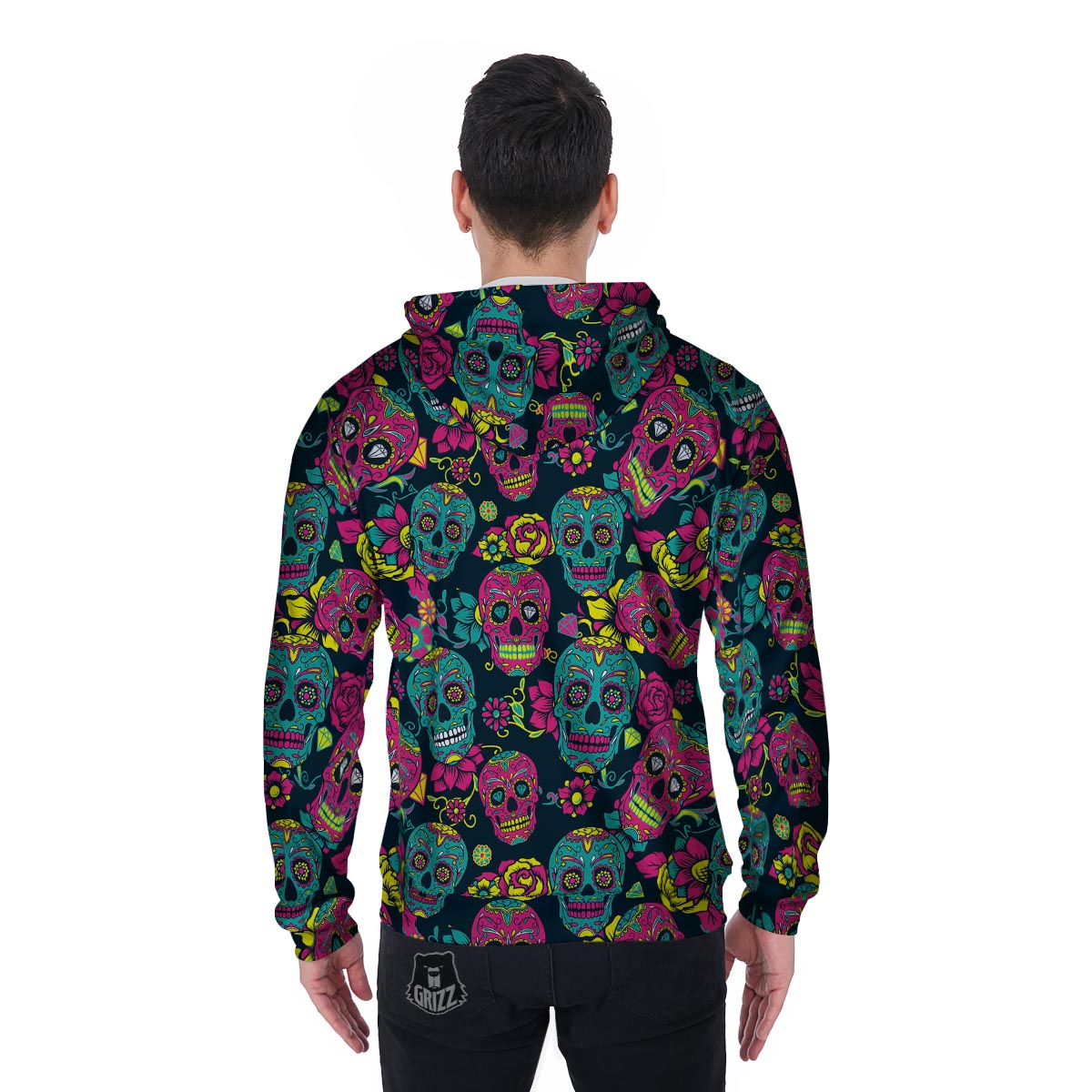 Sugar Skull Print Men's Zip Up Hoodie-grizzshop