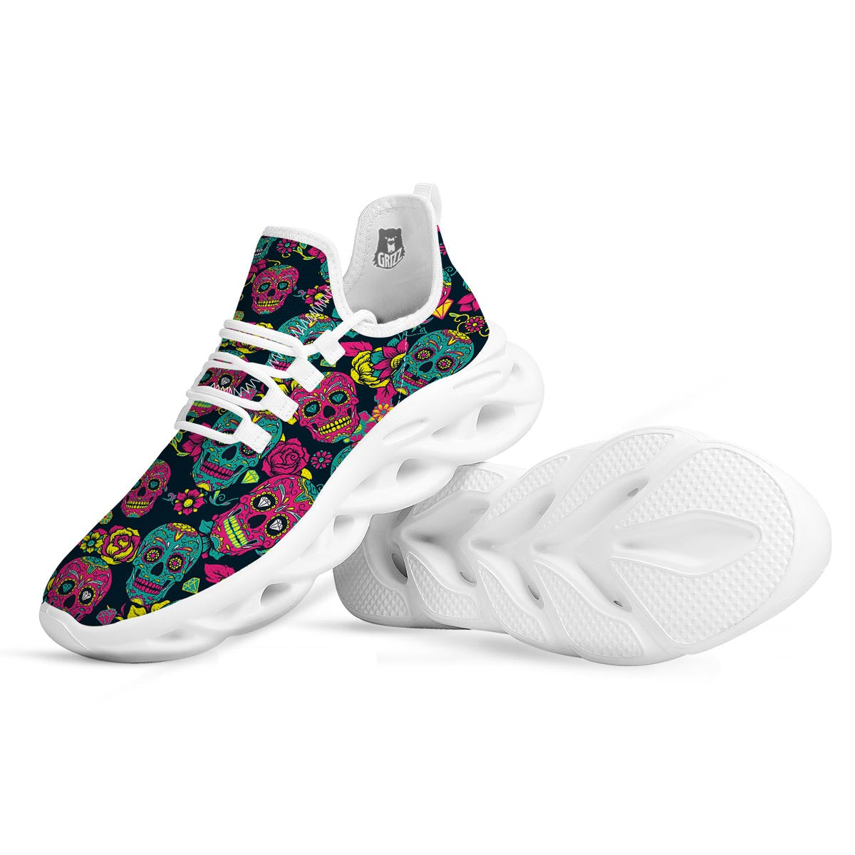 Sugar Skull Print White Running Shoes-grizzshop