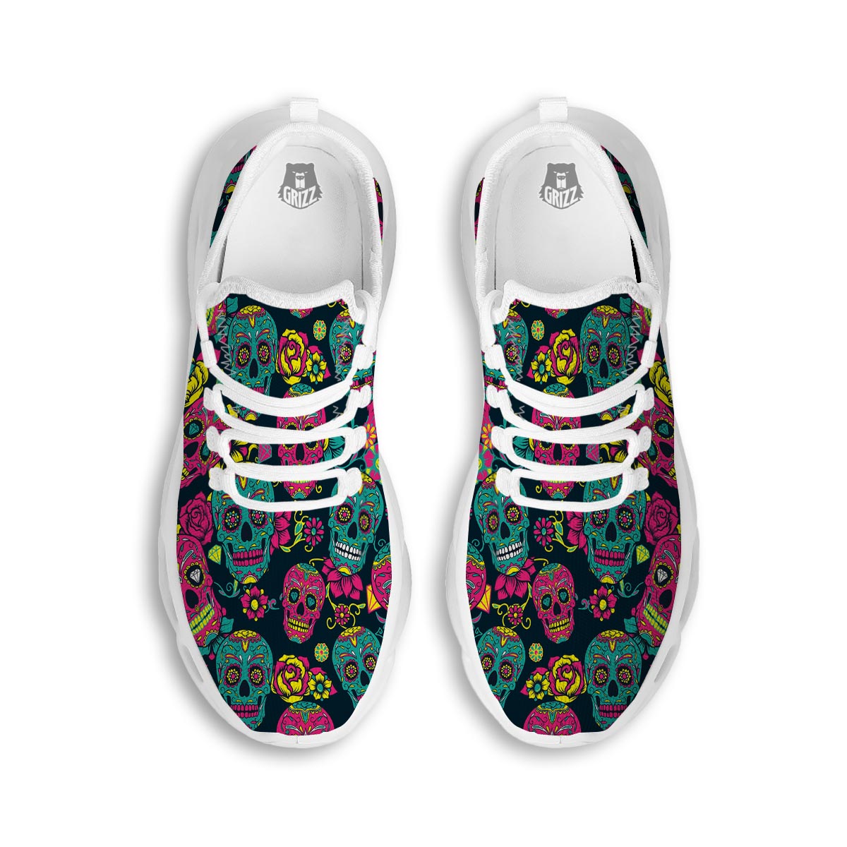 Sugar Skull Print White Running Shoes-grizzshop