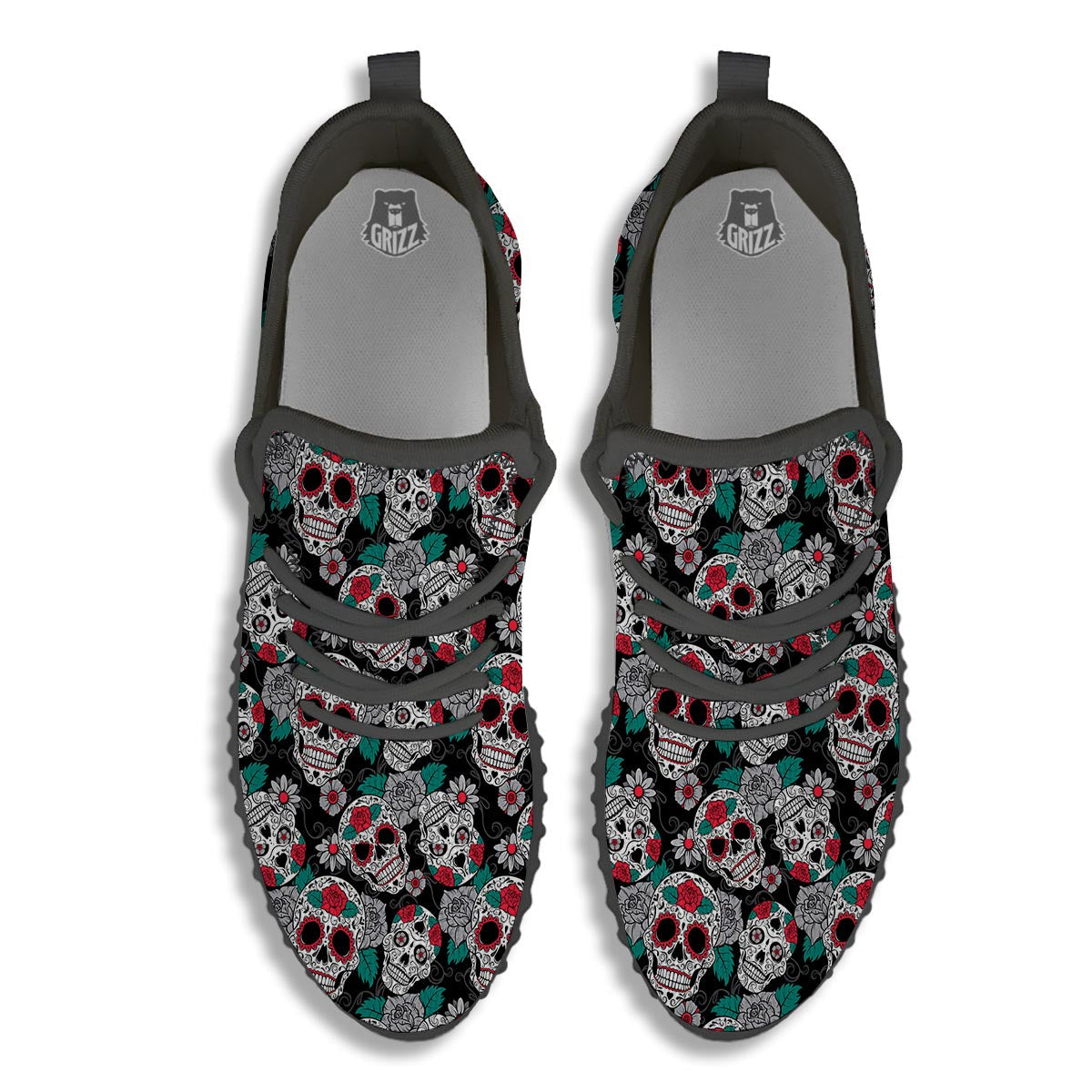 Sugar Skull Rose Floral Print Pattern Black Walking Shoes-grizzshop