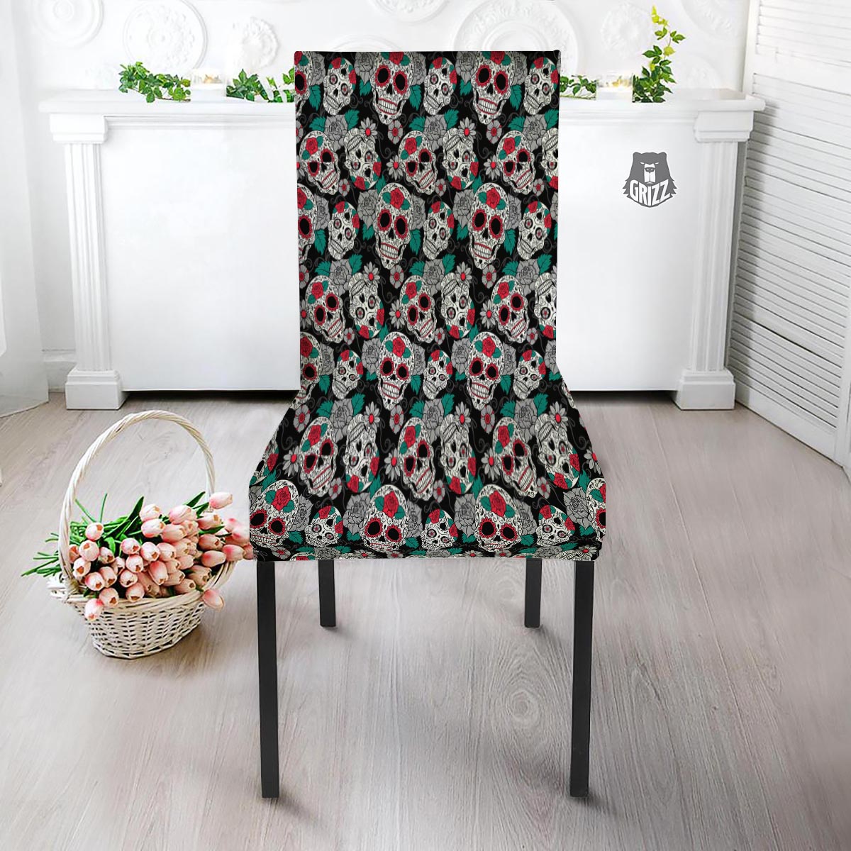 Sugar Skull Rose Floral Print Pattern Dining Chair Slipcover-grizzshop