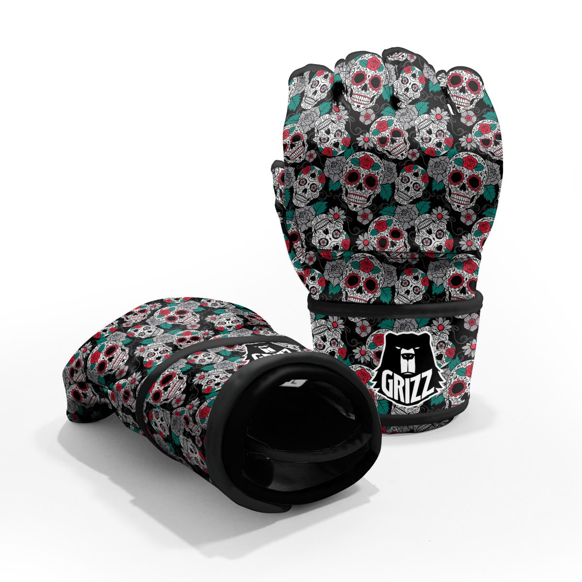 Sugar Skull Rose Floral Print Pattern MMA Gloves-grizzshop