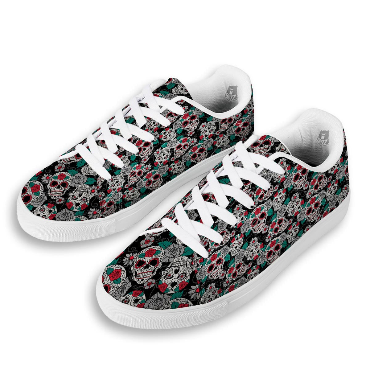 Sugar Skull Rose Floral Print Pattern White Low Top Sneakers-grizzshop