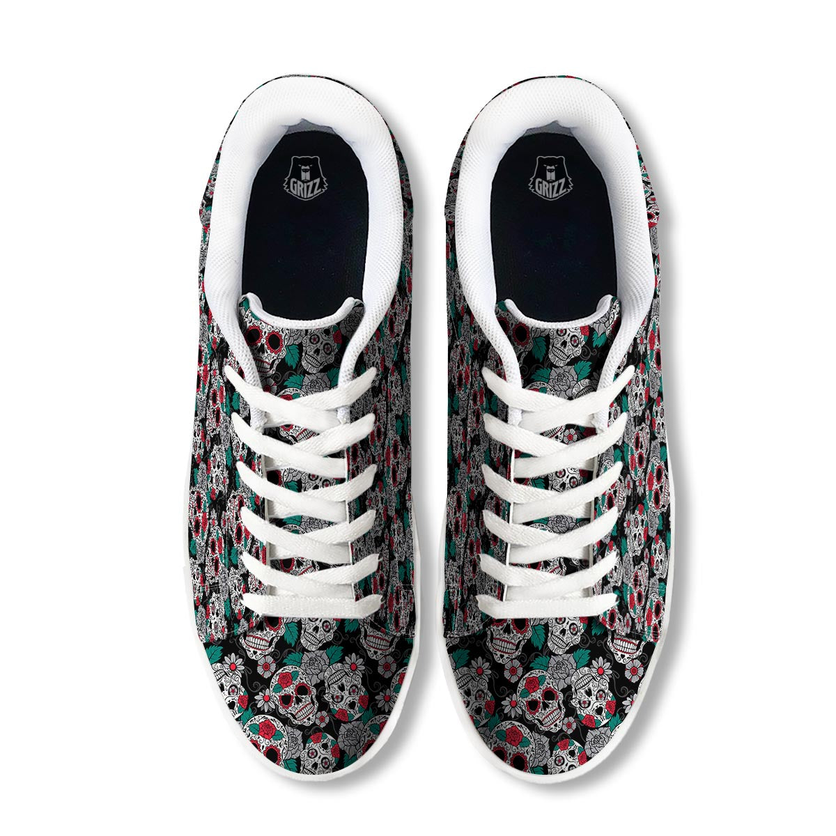 Sugar Skull Rose Floral Print Pattern White Low Top Sneakers-grizzshop