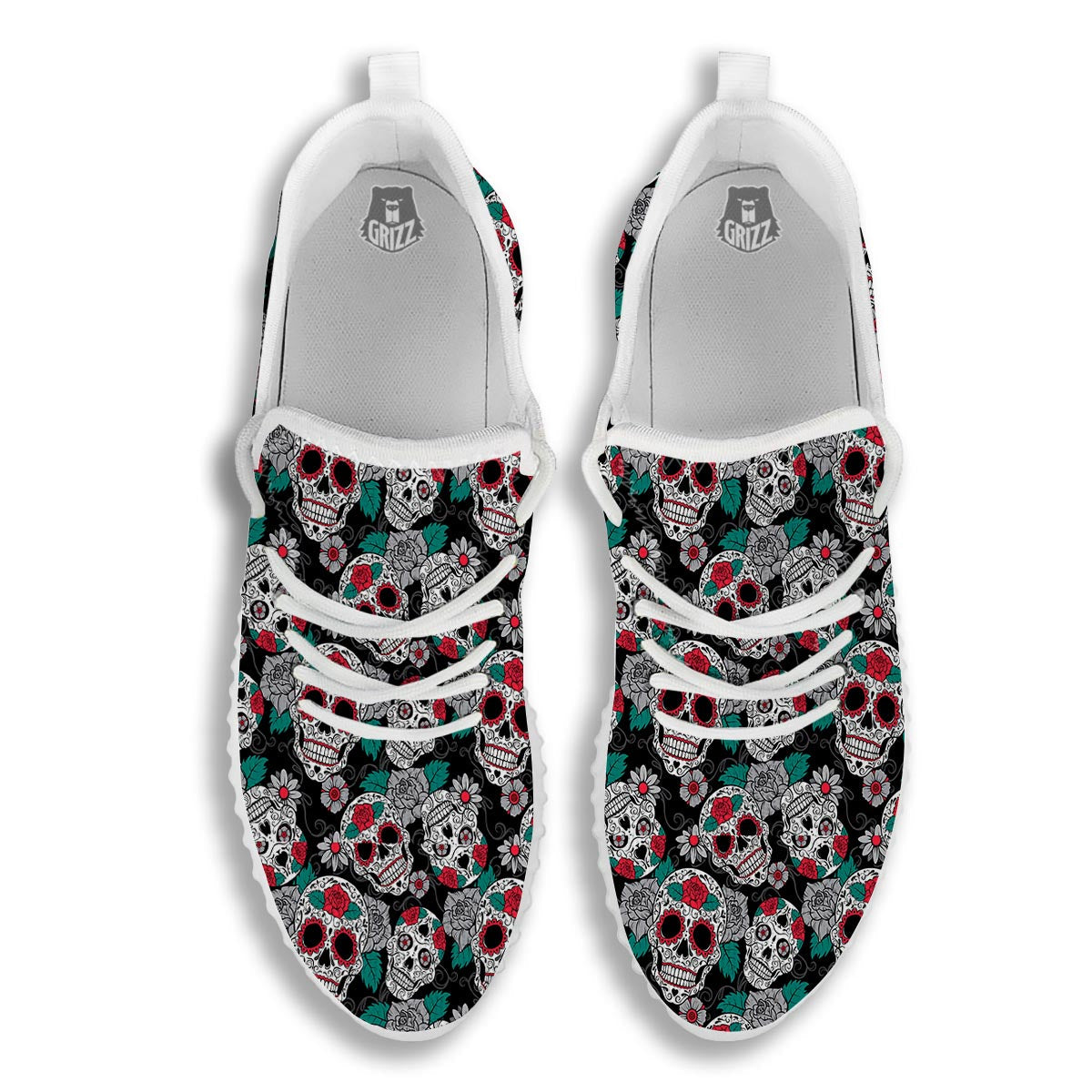 Sugar Skull Rose Floral Print Pattern White Walking Shoes-grizzshop