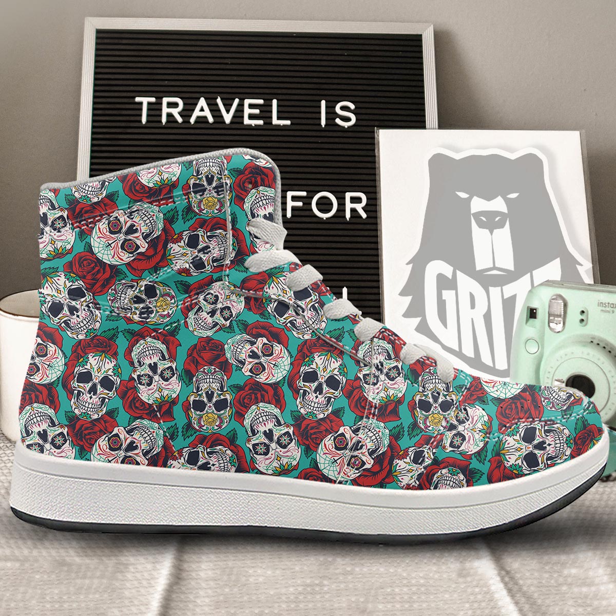 Sugar Skull Rose Flower Print Pattern High Top Sneakers-grizzshop