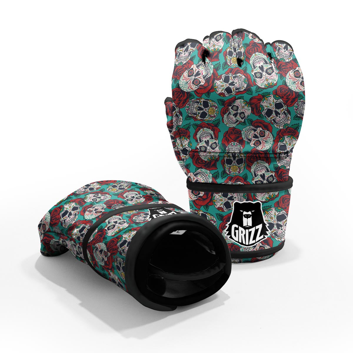 Sugar Skull Rose Flower Print Pattern MMA Gloves-grizzshop