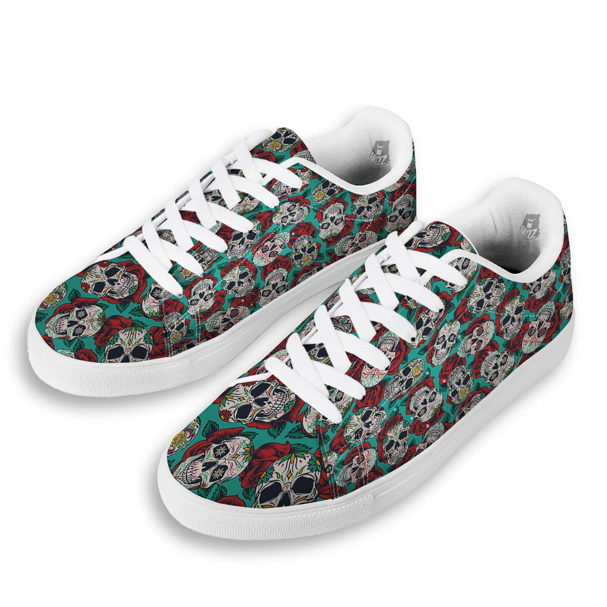 Sugar Skull Rose Flower Print Pattern White Low Top Sneakers-grizzshop