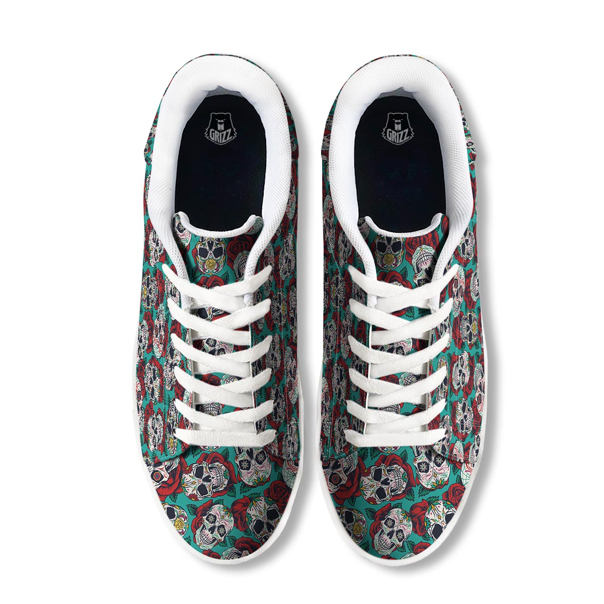 Sugar Skull Rose Flower Print Pattern White Low Top Sneakers-grizzshop