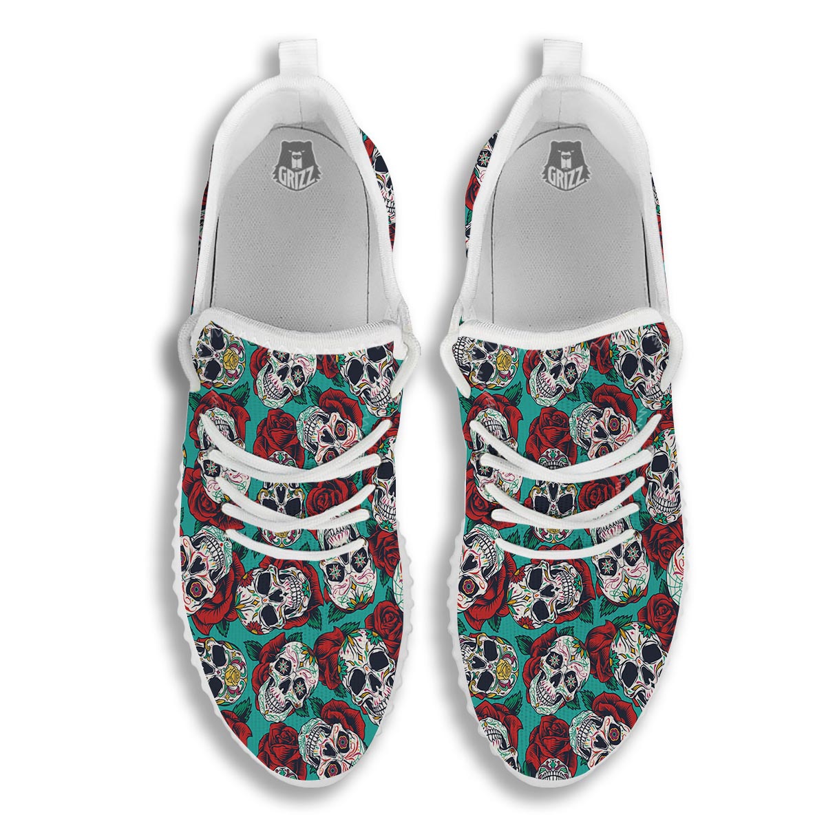 Sugar Skull Rose Flower Print Pattern White Walking Shoes-grizzshop