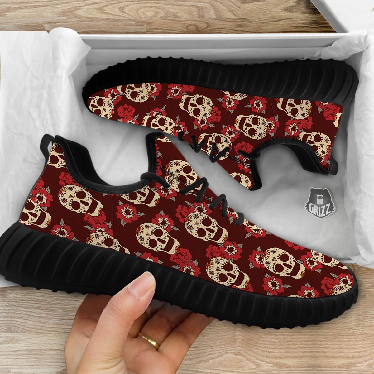 Sugar Skull Rose Print Pattern Black Walking Shoes-grizzshop