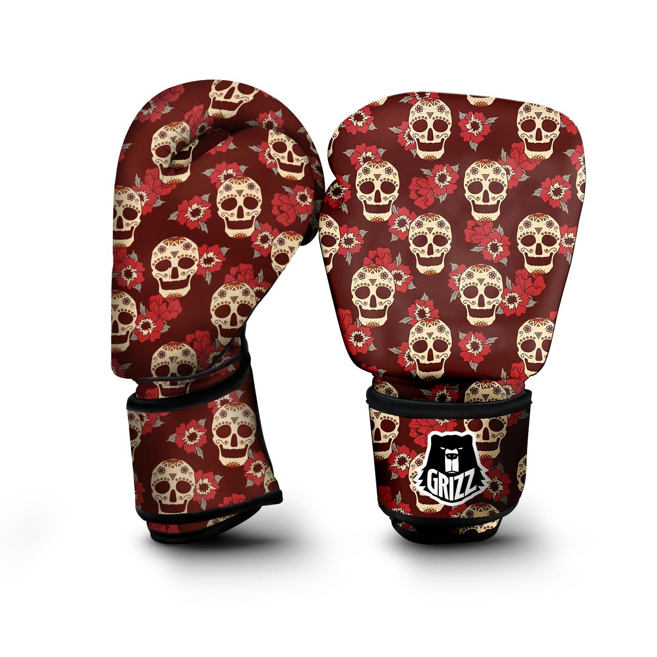 Sugar Skull Rose Print Pattern Boxing Gloves-grizzshop