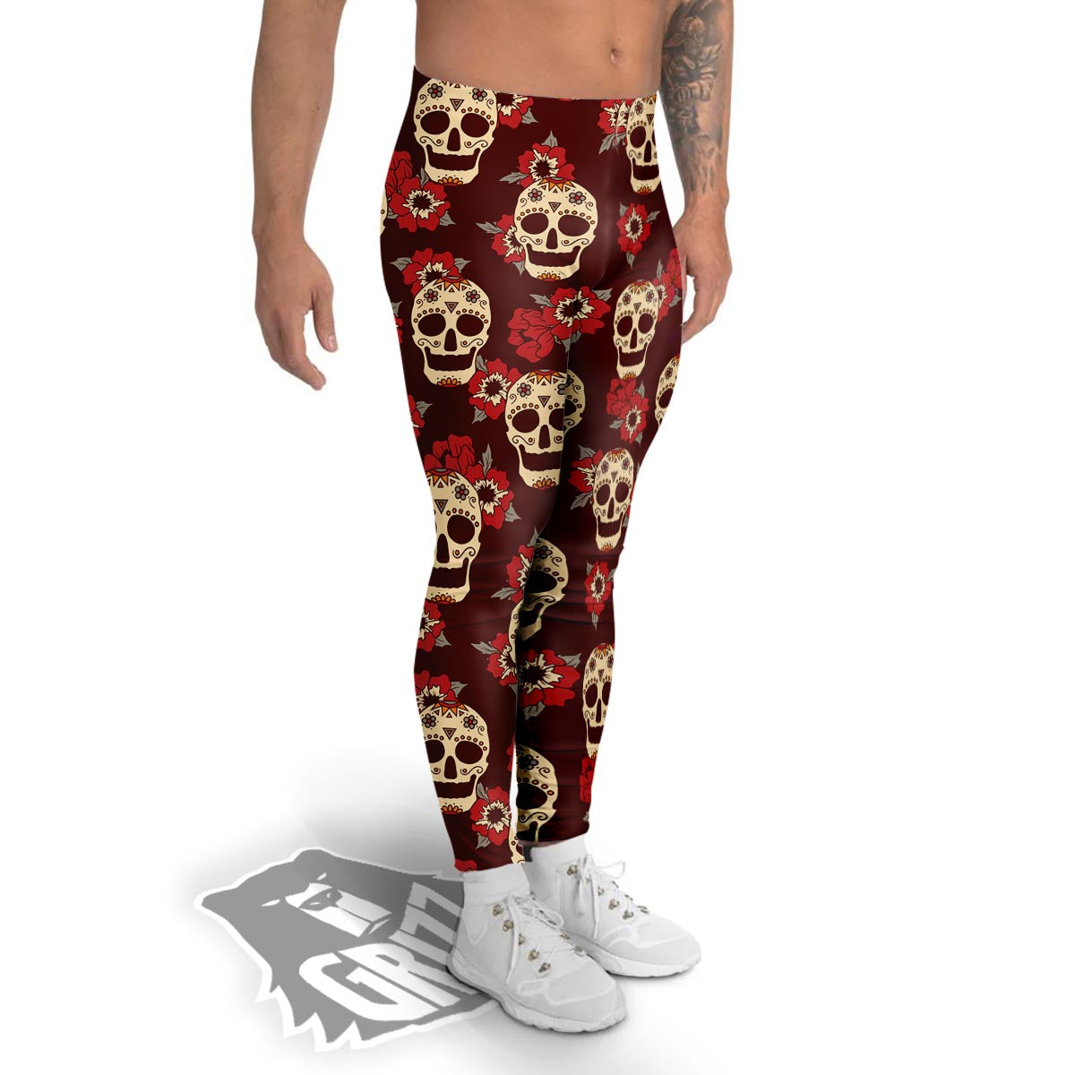 Sugar Skull Rose Print Pattern Men's Leggings-grizzshop