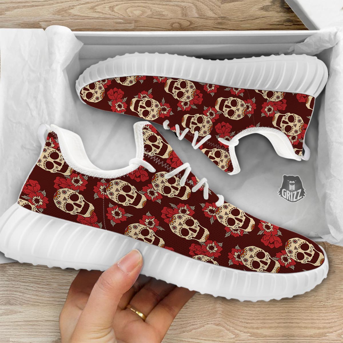 Sugar Skull Rose Print Pattern White Walking Shoes-grizzshop
