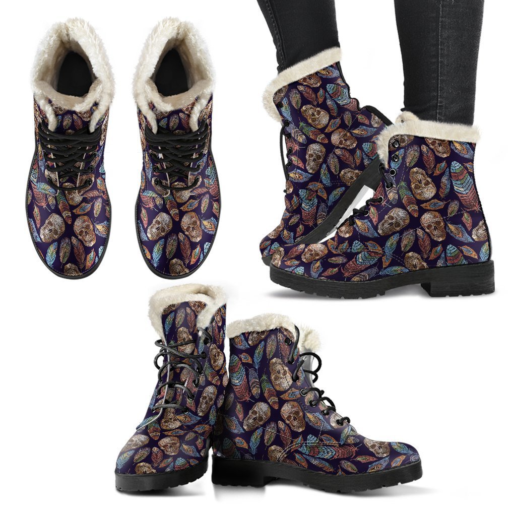 Sugar Skull Skeleton Girly Feather Boho Pattern Print Comfy Winter Boots-grizzshop
