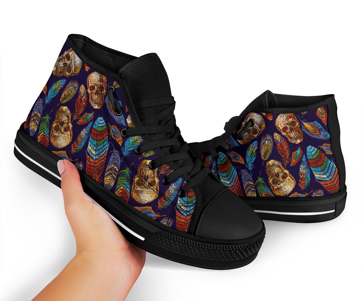 Sugar Skull Skeleton Girly Feather Boho Pattern Print Men Women's High Top Shoes-grizzshop