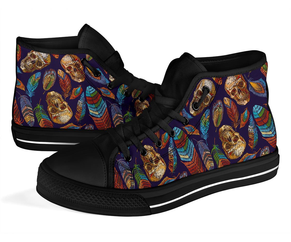 Sugar Skull Skeleton Girly Feather Boho Pattern Print Men Women's High Top Shoes-grizzshop