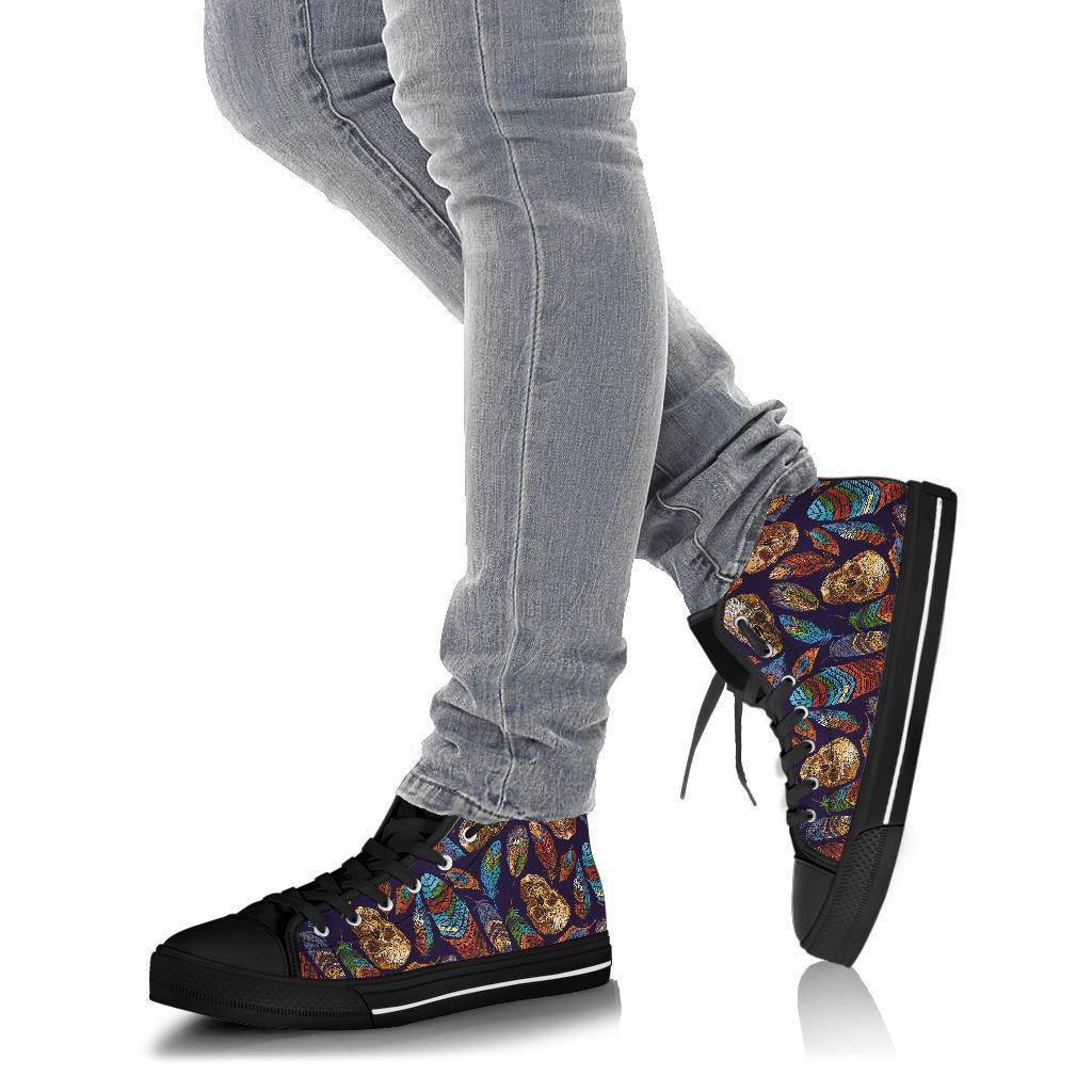 Sugar Skull Skeleton Girly Feather Boho Pattern Print Men Women's High Top Shoes-grizzshop