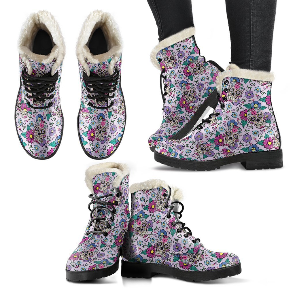Sugar Skull Skeleton Girly Floral Pattern Print Comfy Winter Boots-grizzshop