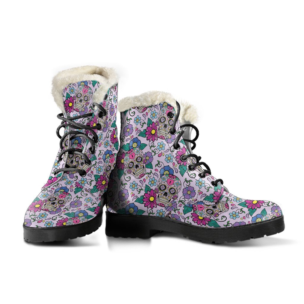 Sugar Skull Skeleton Girly Floral Pattern Print Comfy Winter Boots-grizzshop