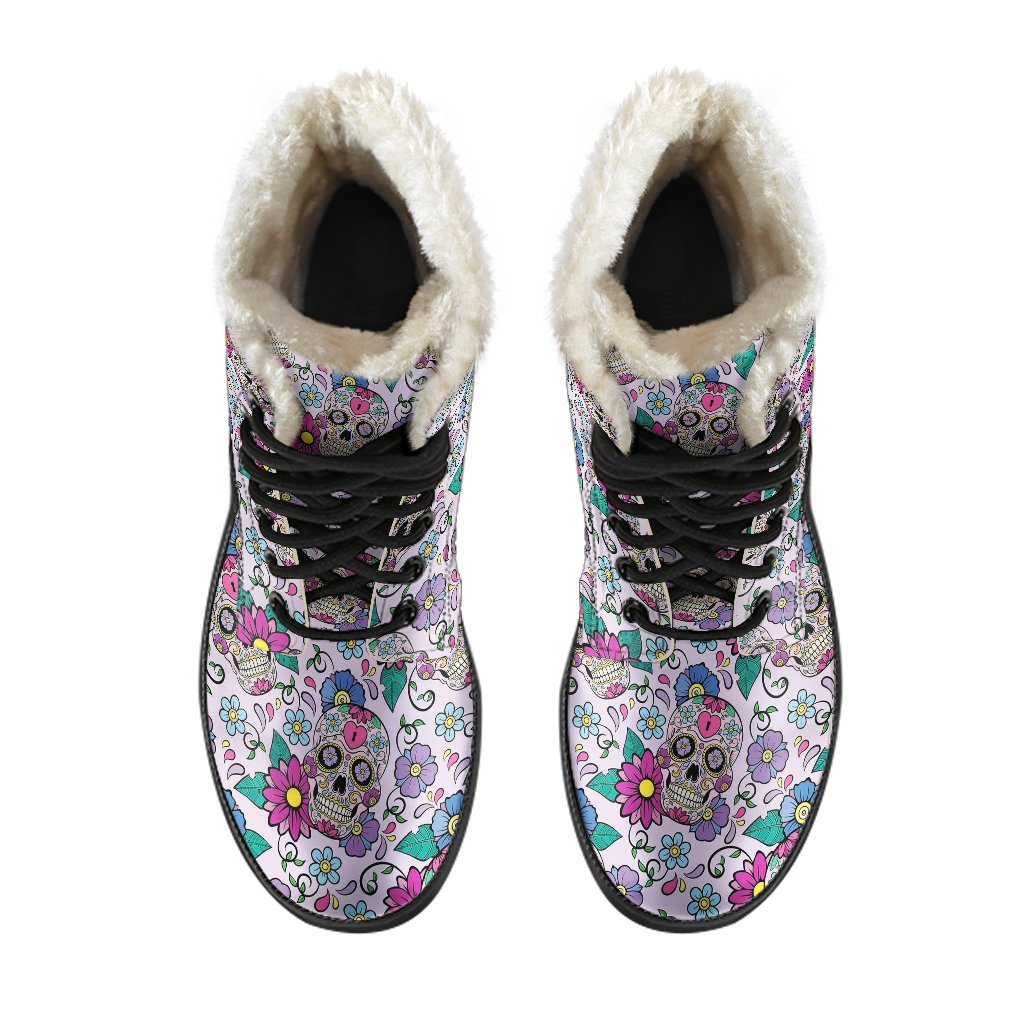 Sugar Skull Skeleton Girly Floral Pattern Print Comfy Winter Boots-grizzshop