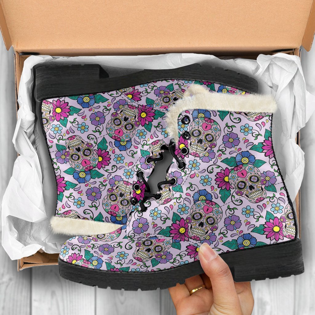 Sugar Skull Skeleton Girly Floral Pattern Print Comfy Winter Boots-grizzshop
