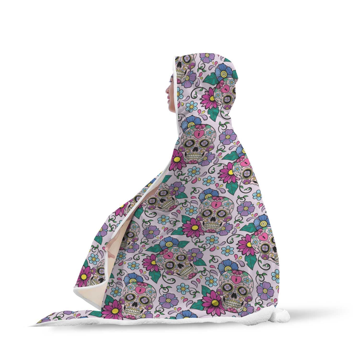 Sugar Skull Skeleton Girly Floral Pattern Print Hooded Blanket-grizzshop