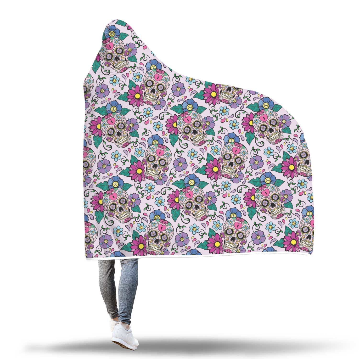 Sugar Skull Skeleton Girly Floral Pattern Print Hooded Blanket-grizzshop