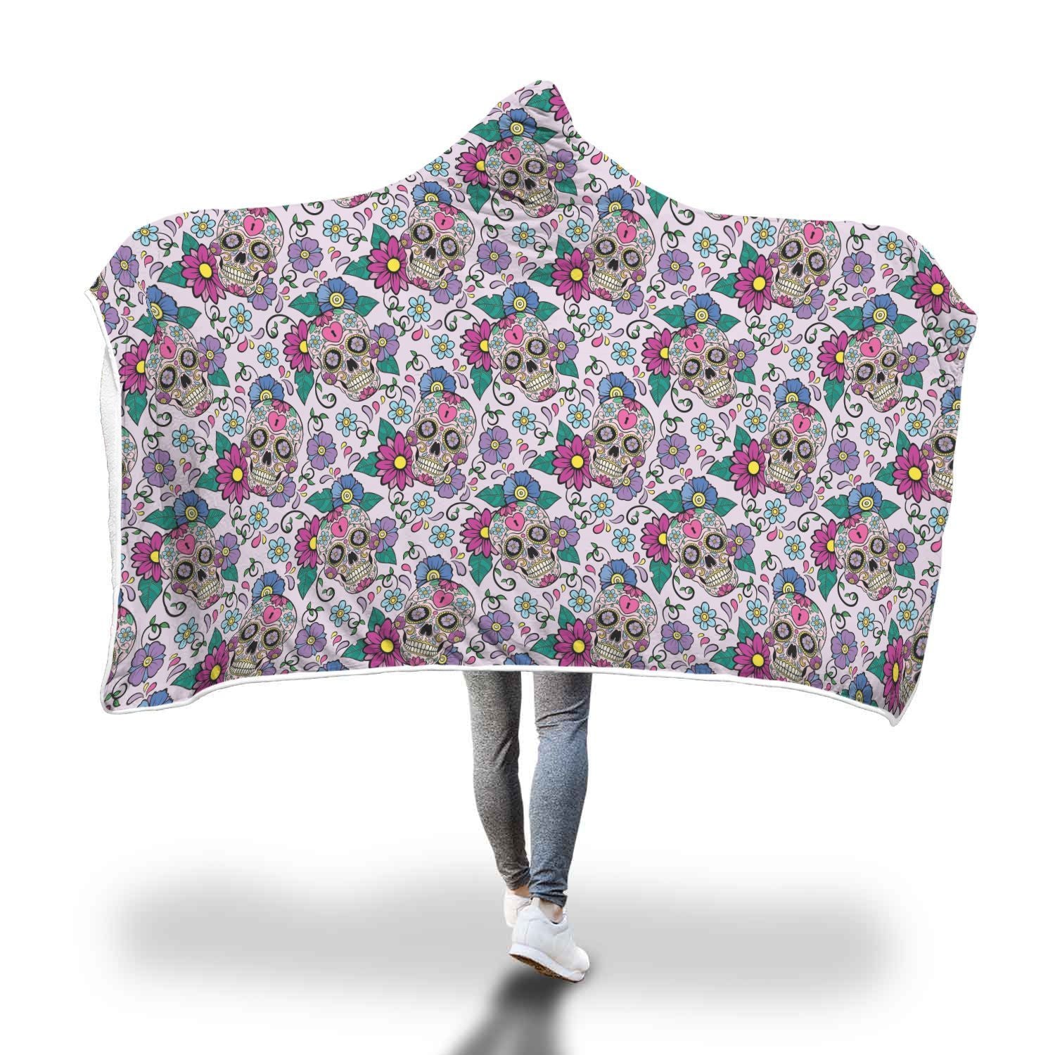 Sugar Skull Skeleton Girly Floral Pattern Print Hooded Blanket-grizzshop