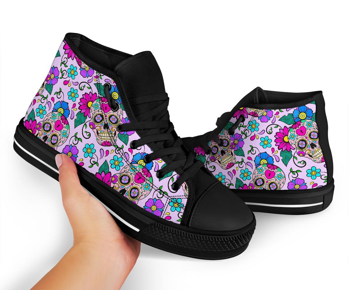Sugar Skull Skeleton Girly Floral Pattern Print Men Women's High Top Shoes-grizzshop