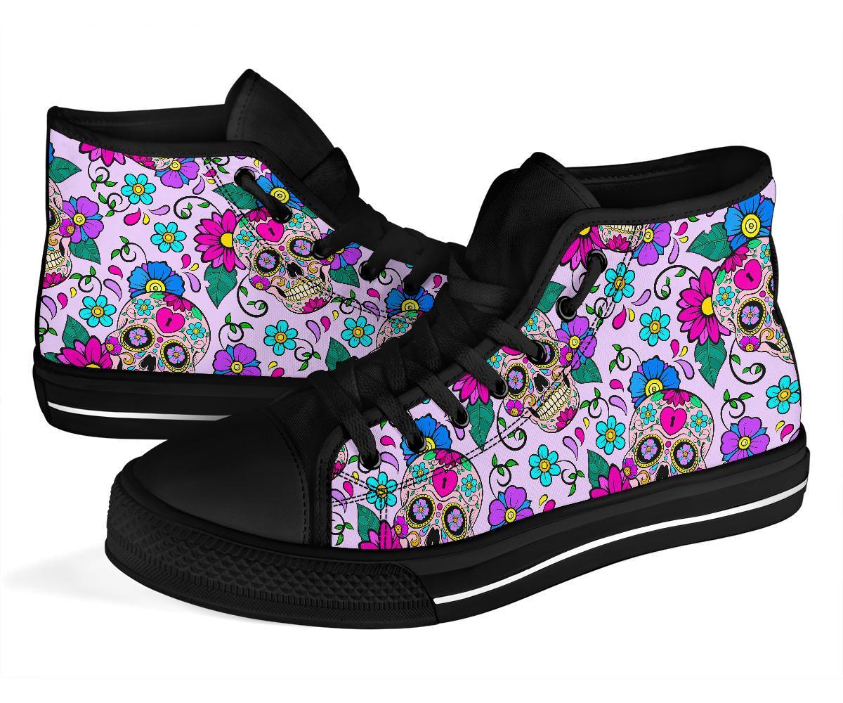 Sugar Skull Skeleton Girly Floral Pattern Print Men Women's High Top Shoes-grizzshop
